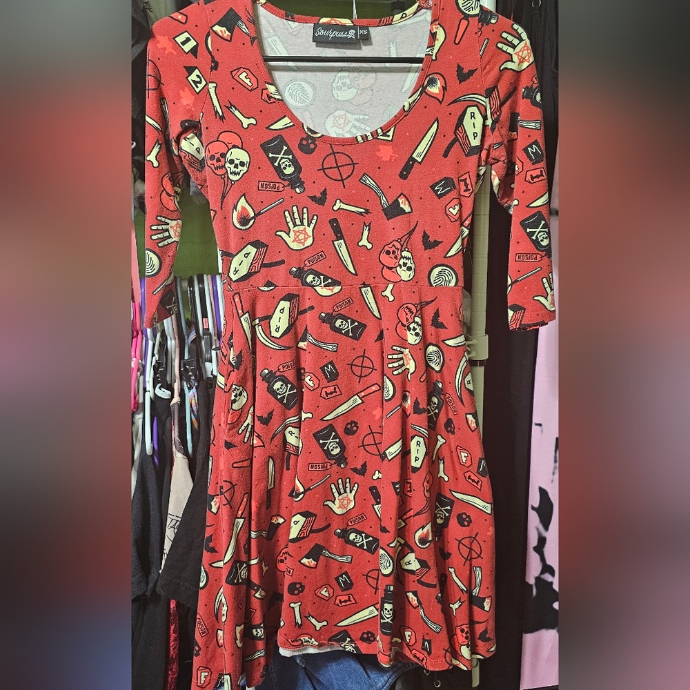 Sourpuss death & murder print dress
